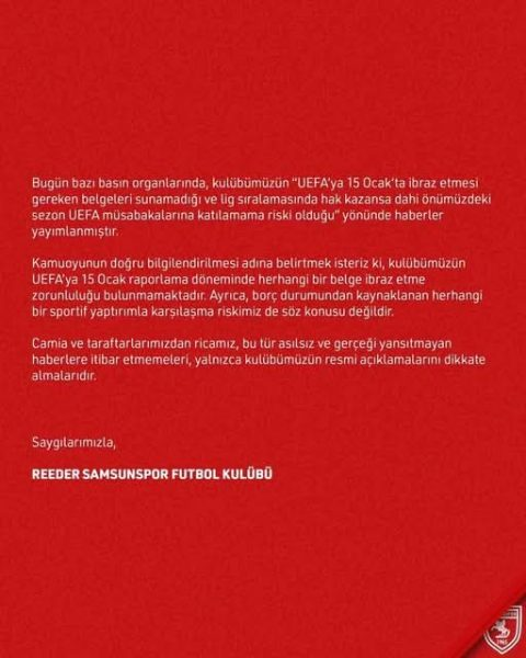 Samsunspor'un UEFA'ya katılma konusunda açıklaması